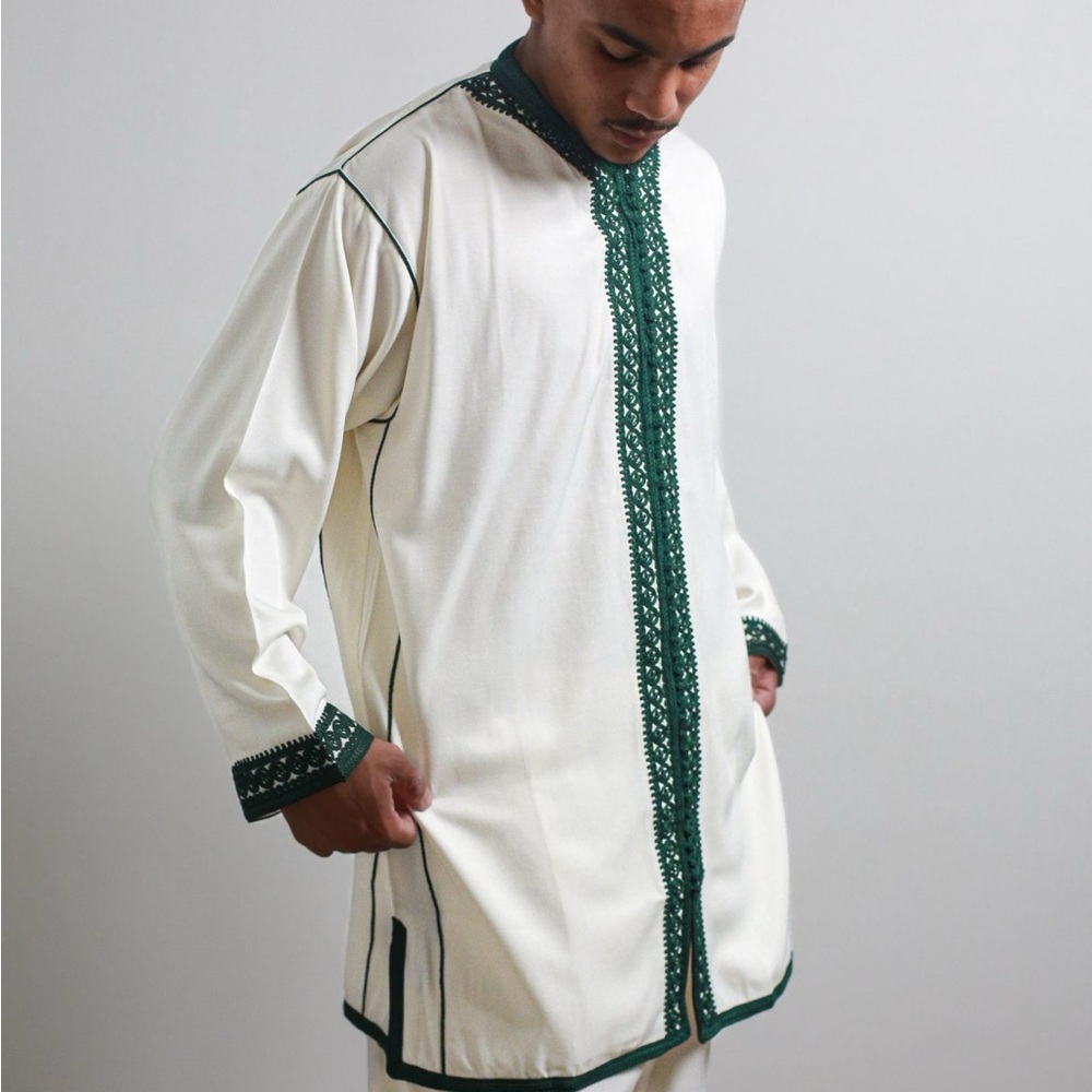 Men's White and Green Embroidered 3 Piece Set